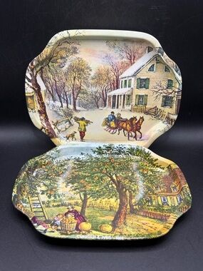 Set 4 Vintage Currier & Ives Seasonal Tin Trays, Trinket Keepsake Jewelry Dishes